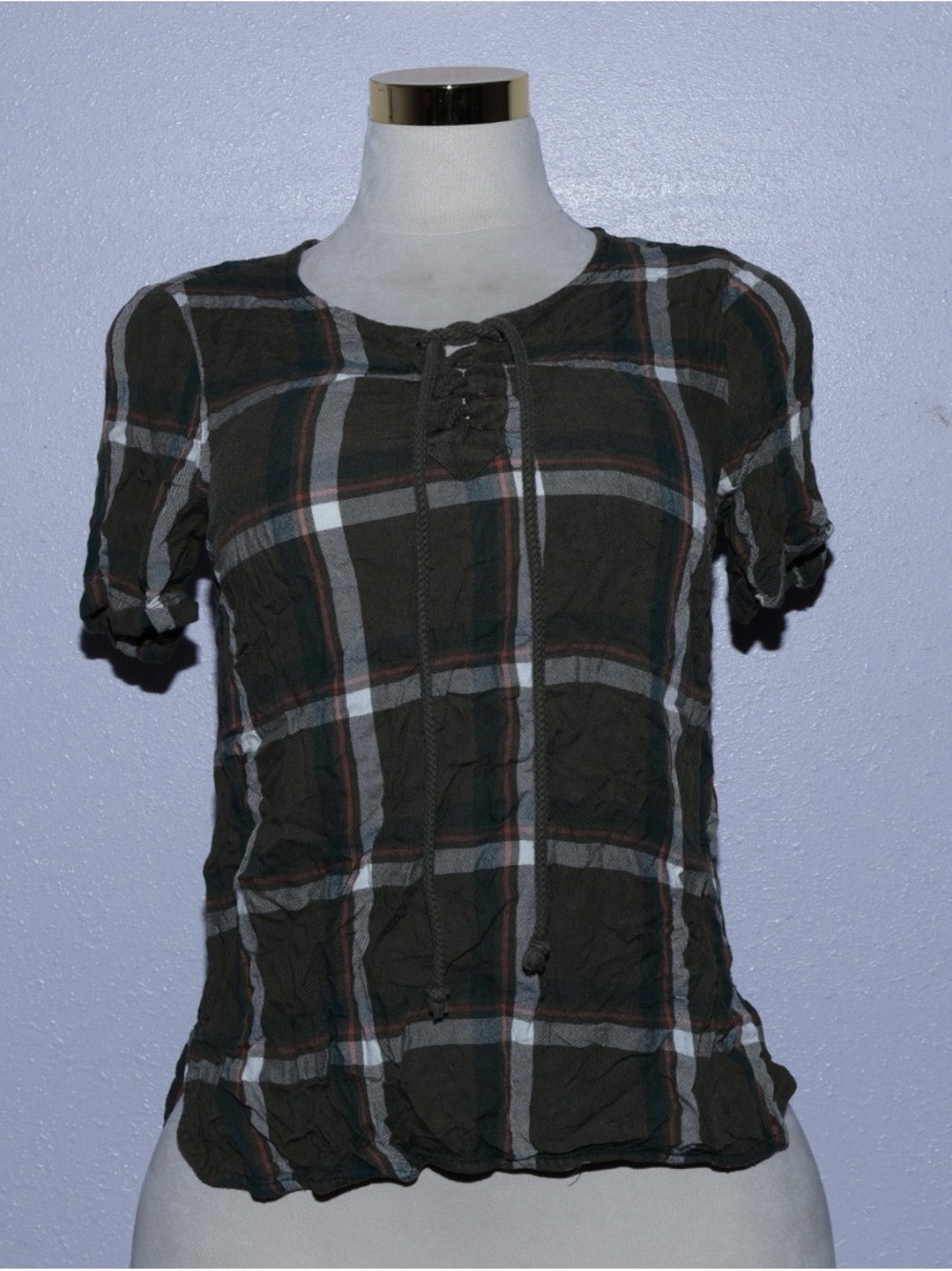 Angels Olive Plaid Lace-Up Short Sleeve Blouse